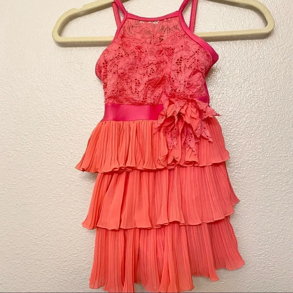 WEISSMAN Dance Costume coral orange lace leotard dress MC medium child 10/12